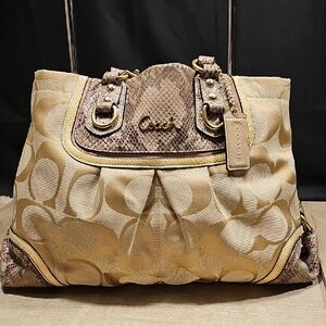 Coach Beige and Brown Signature Shoulder Bag Comes  With A Pouch